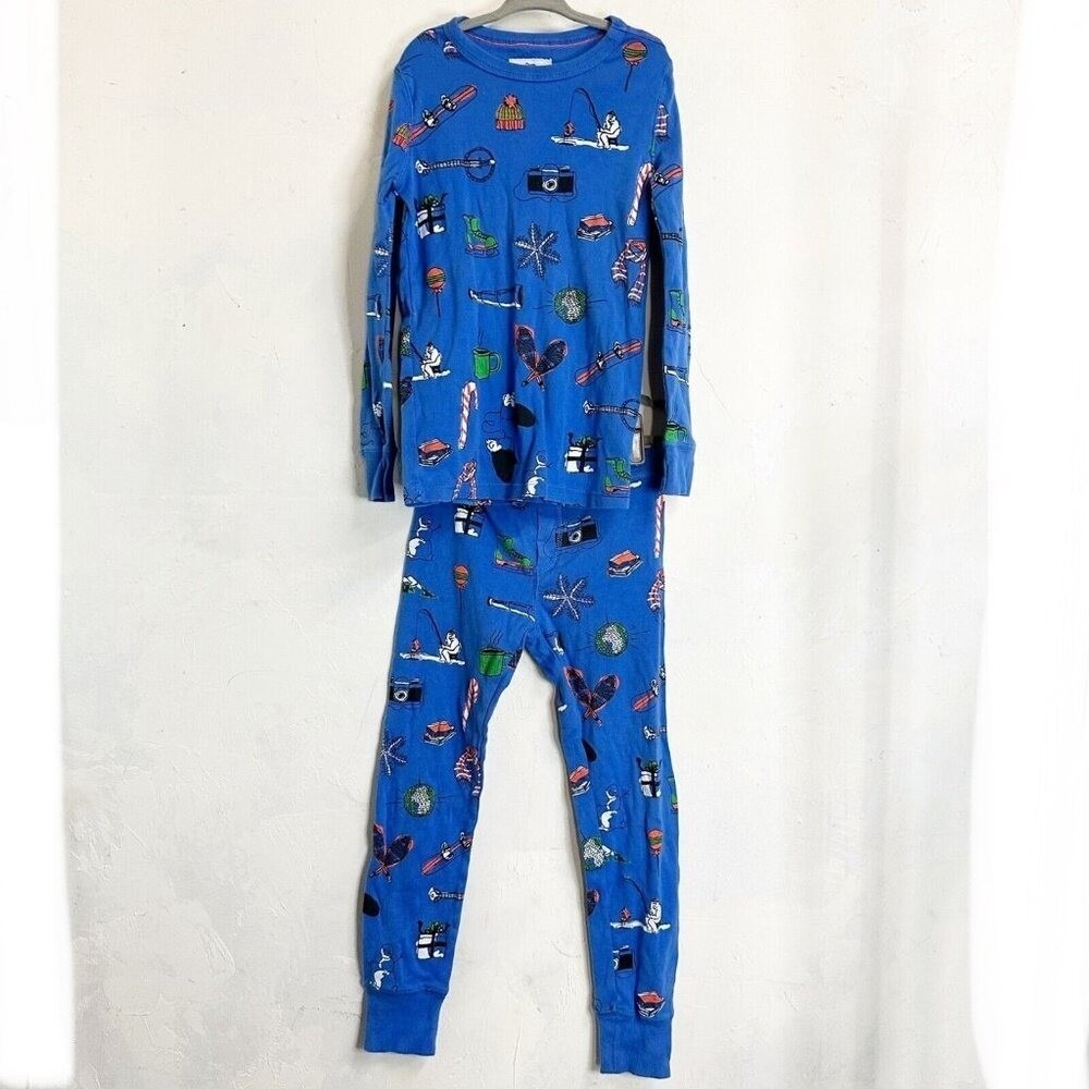 Crewcuts Holiday Boys 7 Sleeper Set Blue Winter Skiing Snowman Pajamas 2pc